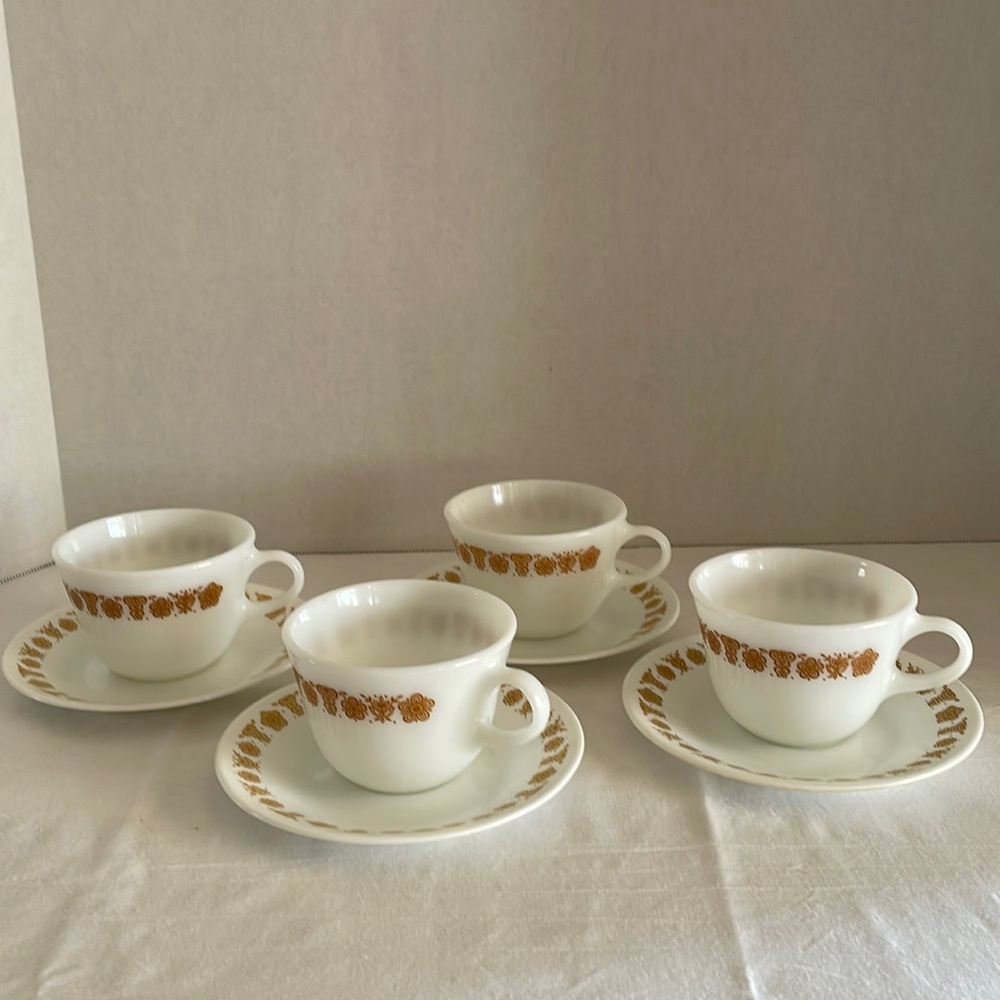 Corelle Vintage Butterfly Gold Hook Mugs with saucers.